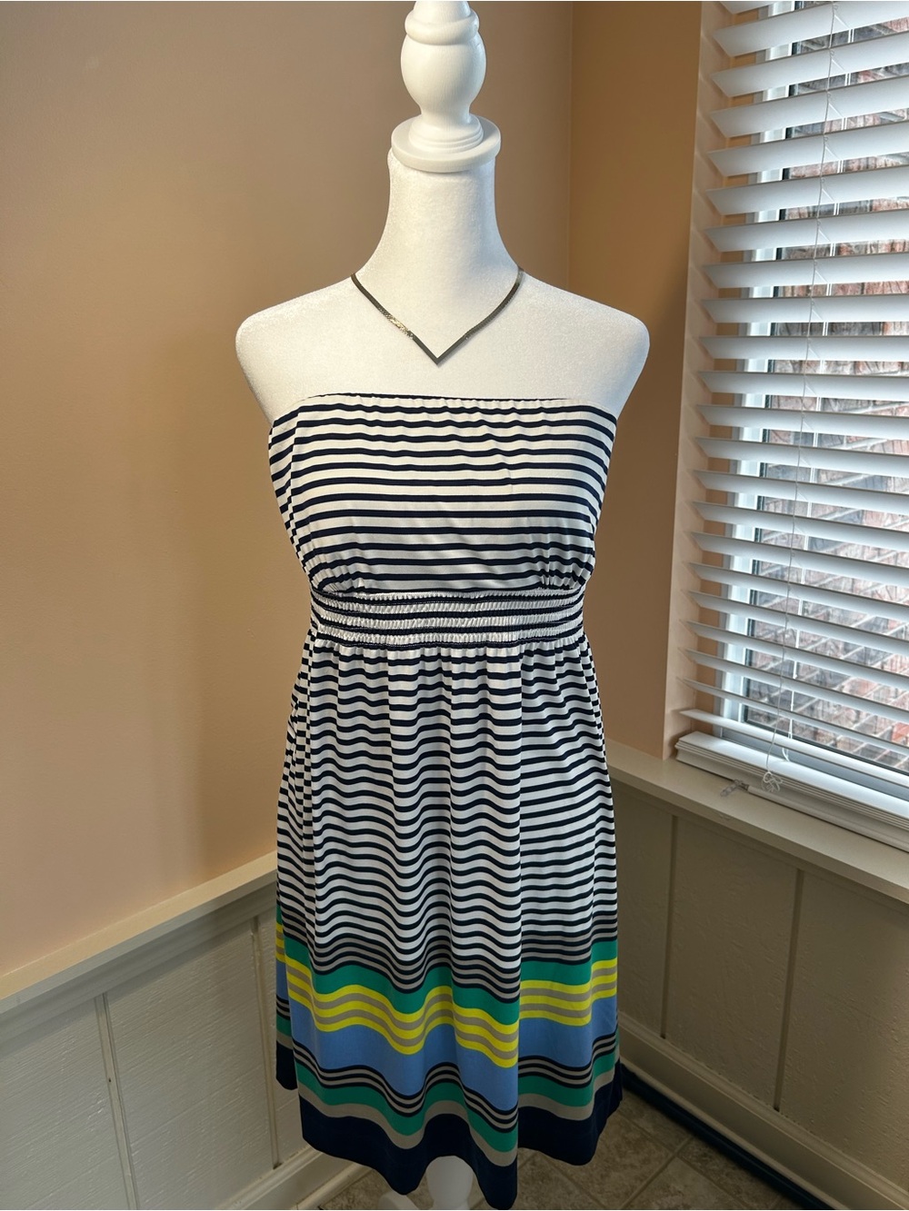 Soma Navy & White Strapless Midi Dress with Multicolor Hem